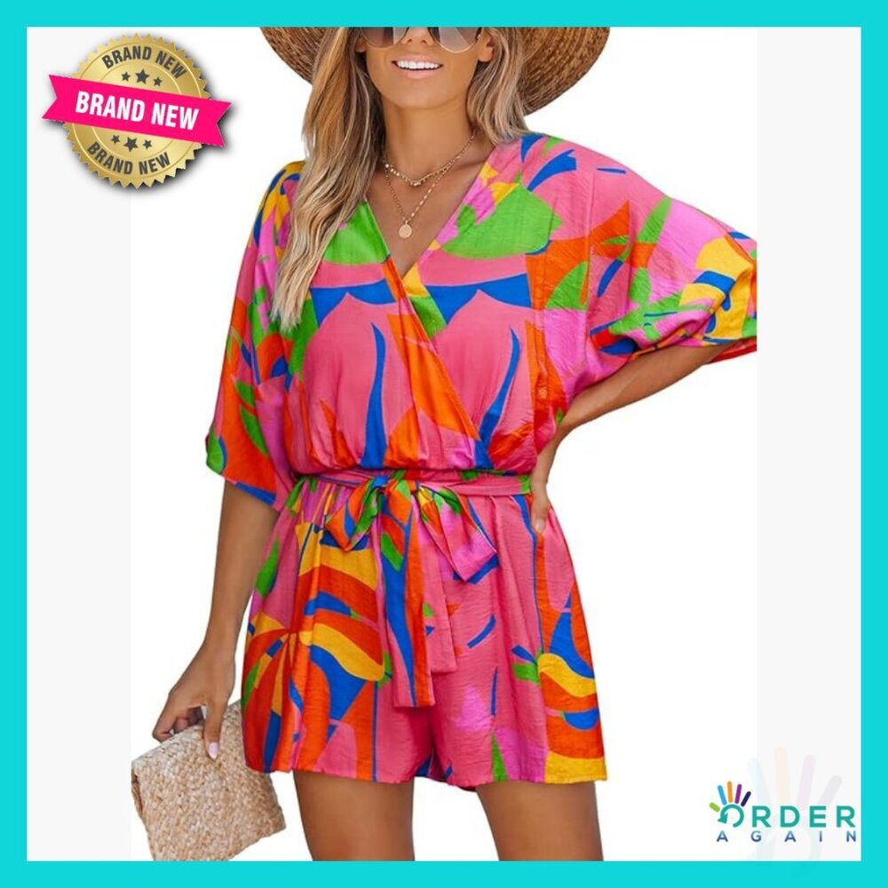 V-Neck Mini Romper Loose Fit Half Sleeve Tropical Print Resort Wear Jumpsuit